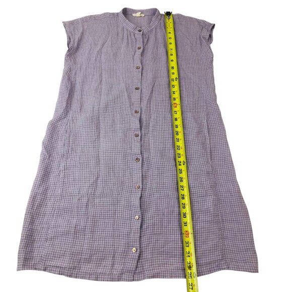 Eileen Fisher Gingham Organic Linen Mandarin Collar Shirt Dress Purple Lagenlook - Picture 7 of 9